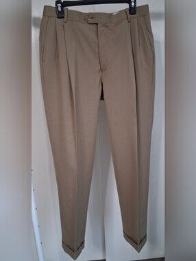 Men's Pronto-uomo Classic Pleated 100% Wool Cuffed Dress Slacks- Tan 33 X 30